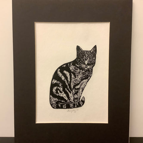 “Tabbycat”, Rubber Block Print with Black Mat