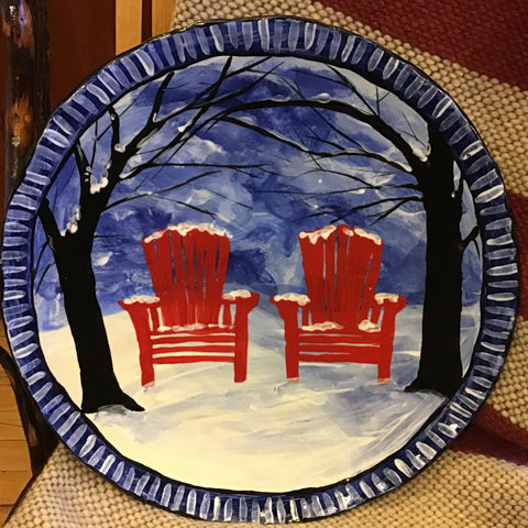 Extra Large Round Platter Winter Scene with Red Adirondack Chairs, Roxanne Locy, Canton, NY