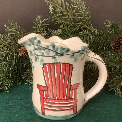 Small Majolica Pitcher with Red Adirondack Chairs