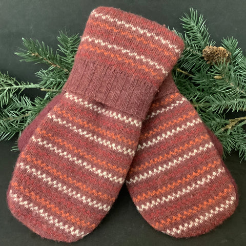 “Upcycled" Wool Sweater Mittens Sage Raspberry, Orange and White, Tina Charbonneau, Lake Placid, NY