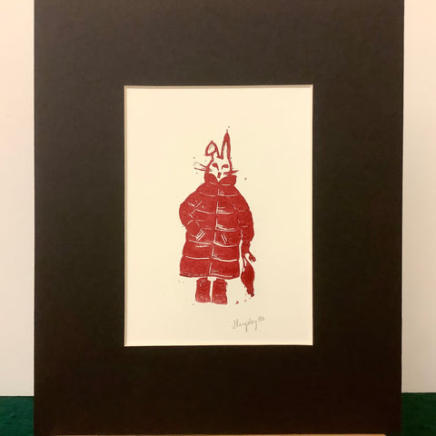 “Red Winter Bunny” Rubber Block Print with Black Mat