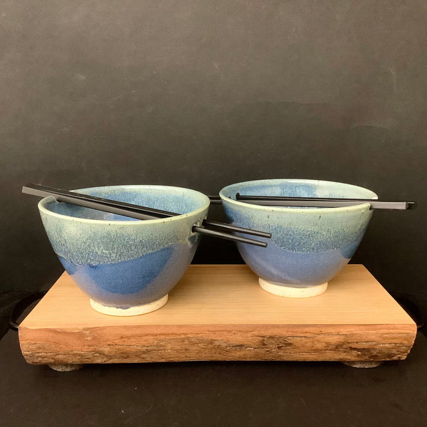 Set of Two Rice Bowls in Blue with Greenish Rim Drip Glaze with Chopsticks