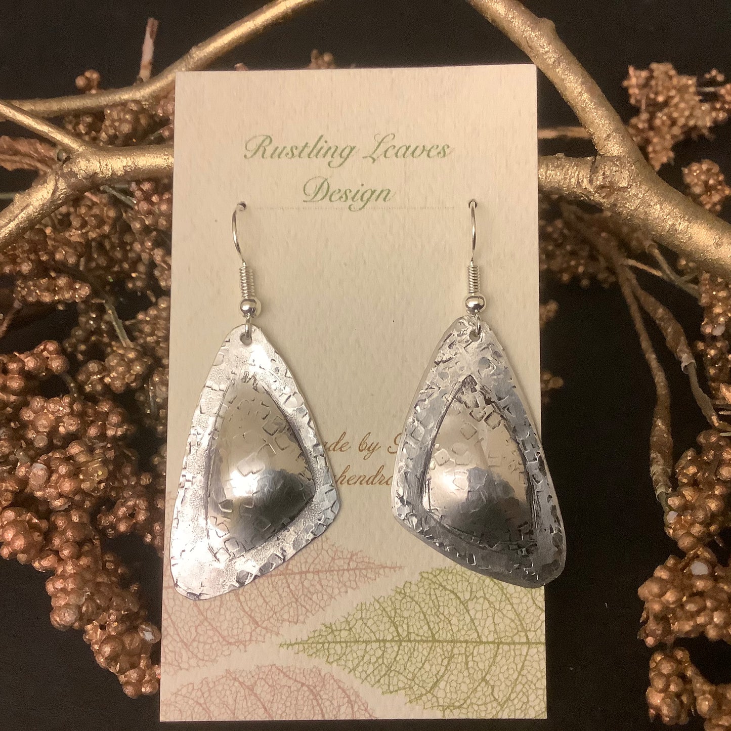 Pewter 3d Asymmetrical “Guitar Pic” Shaped Earrings, Kathy Lahendro, Potsdam, NY