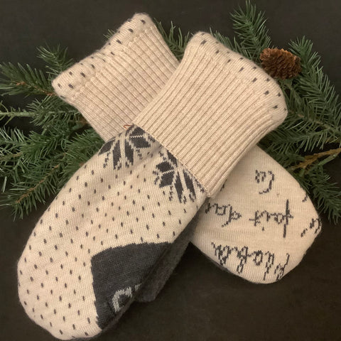 “Upcycled" Wool Sweater Mittens Ecru with French Text, Tina Charbonneau, Lake Placid, NY