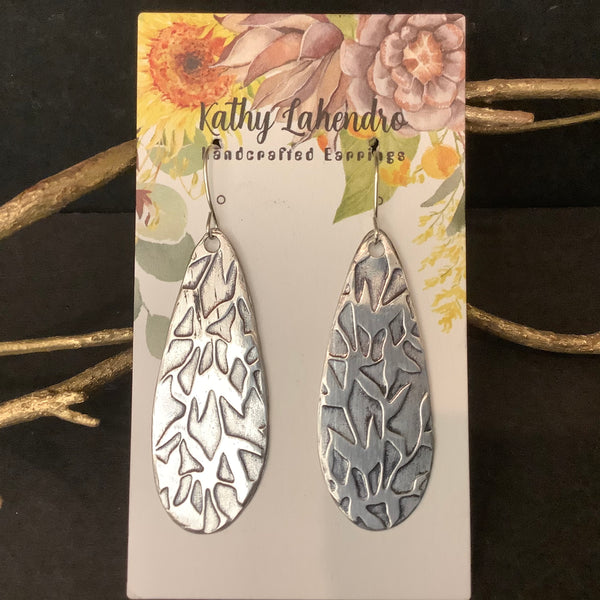 Pewter Teardrop Earrings with Leaf Pattern, Kathy Lahendro, Potsdam, NY