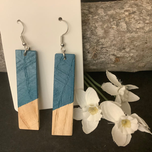 Rectangular Wood Earrings with Teal